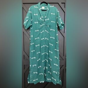 MIRTH Handmade Edition Embroidered Artisan Tassel Shirt Dress in Green, Size M